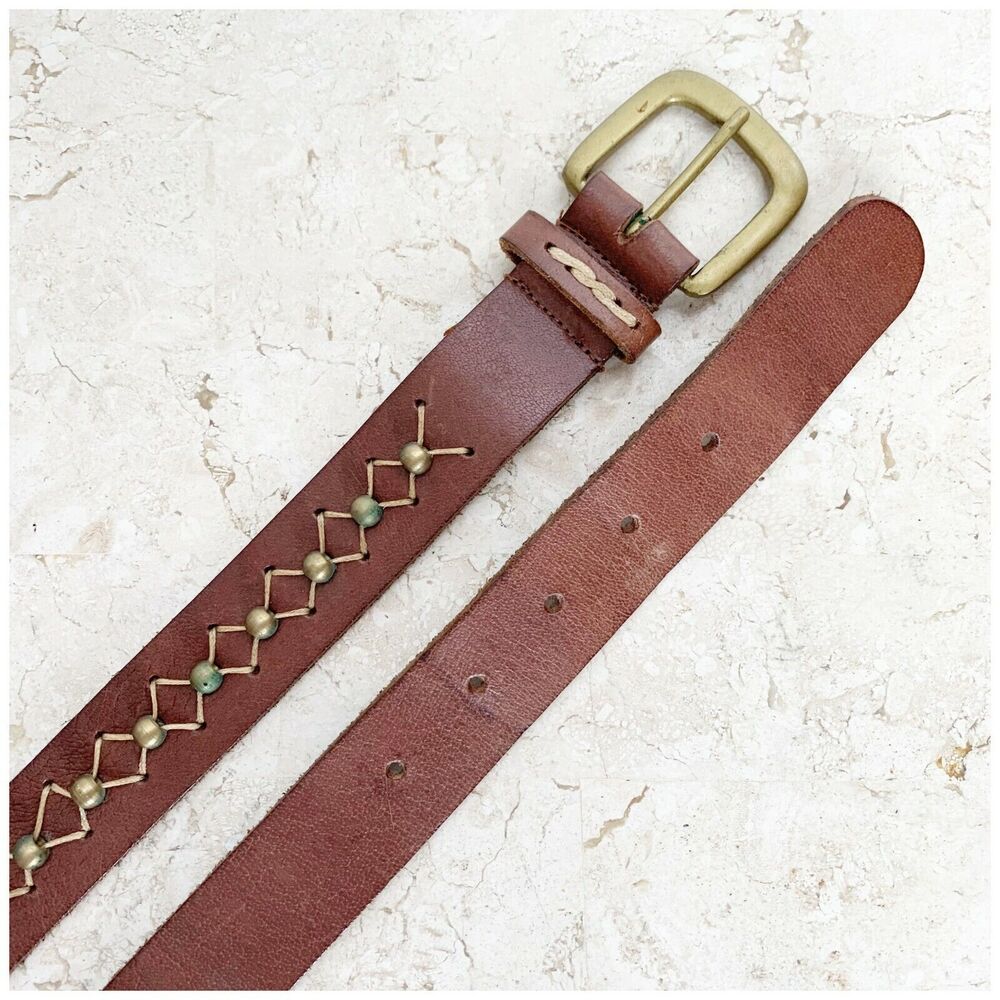 Brown Sturdy Harness Leather Belt Womens Size M Embroidered Beaded Boho - Picture 4 of 8
